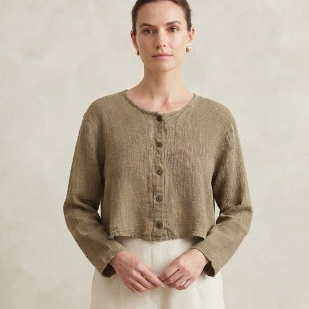 FLAX by Jeanne Engelhart Waffle Weave Linen Button Down Crop Top Small Lagenlook